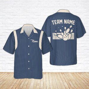 Retro Stripe Bowling Hawaiian Shirt, Custom Name Bowler Button Shirt